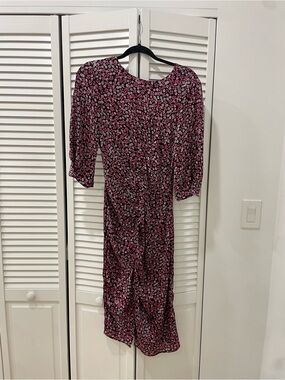 Zara Basic Pink Floral Ruched Midi Dress 3/4 Sleeve Size M